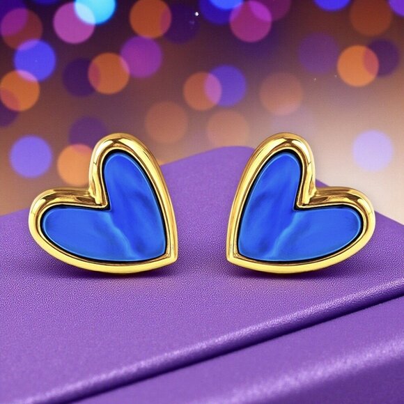🆕 Royal Blue Enamel Heart Stud Earrings Gold Tone Statement Cute Gift Teen Girl - Picture 13 of 13